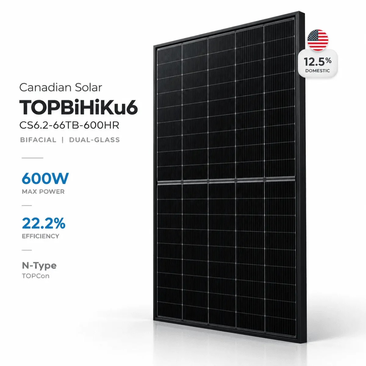 Canadian Solar TOPBiHiKu6 600W Bifacial Dual-Glass Solar Panel (CS6.2-66TB-600HR) - 12.5% Domestic Content - Image 3